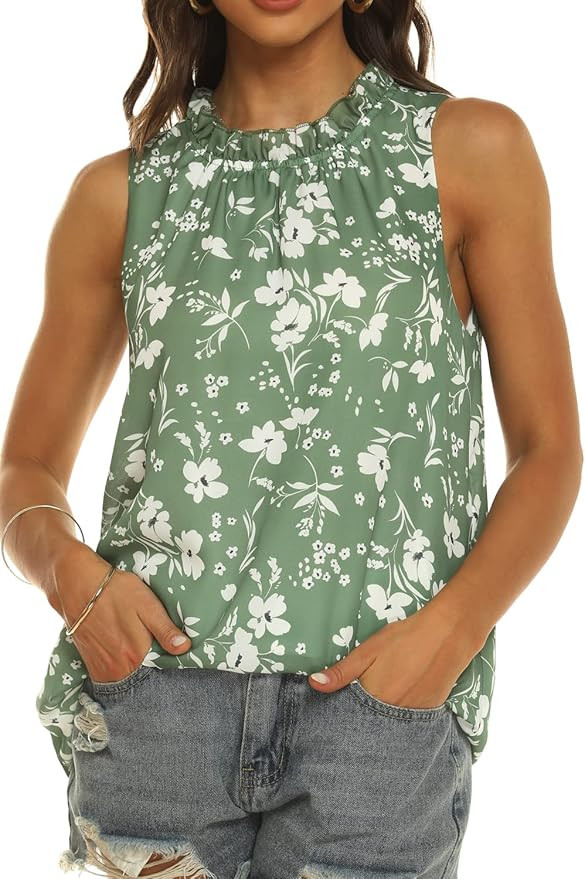 Allimy Women Summer Ruffle Trim Neckline Tank Tops Double Lined Chiifon Blouses | Amazon (US)