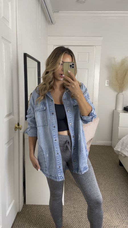 The cutest denim shacket for fall! I went true to size, but you could size down for a more fitted look. 

Denim shacket- small
Leggings- small short
Cropped tank bra- medium

Jeans, denim jacket, fall outfits, petite, aerie, casual outfits

#LTKSale #LTKSeasonal #LTKsalealert