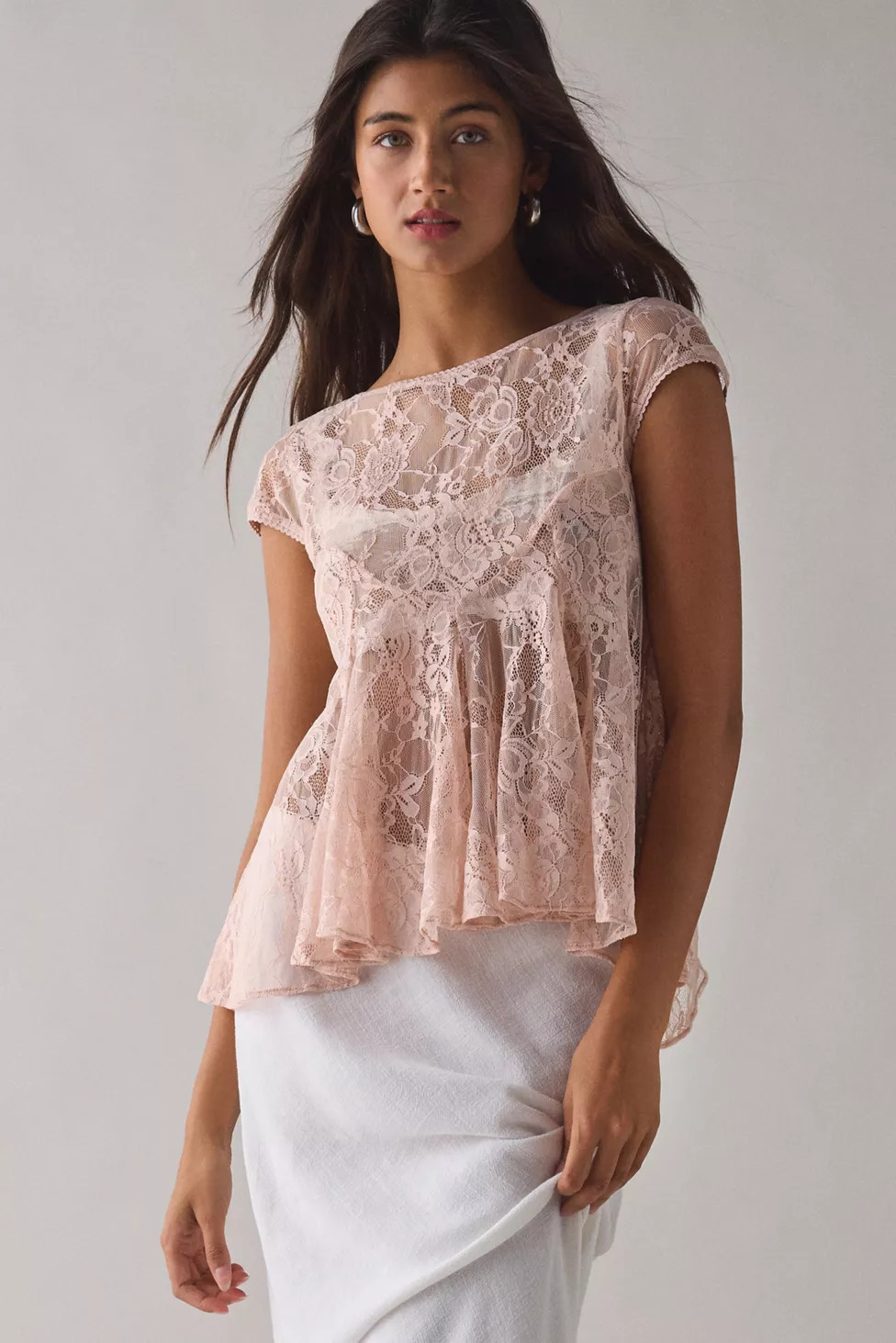 Kimchi Blue Eclipse Sheer Lace Short Sleeve Babydoll Top | Urban Outfitters (US and RoW)