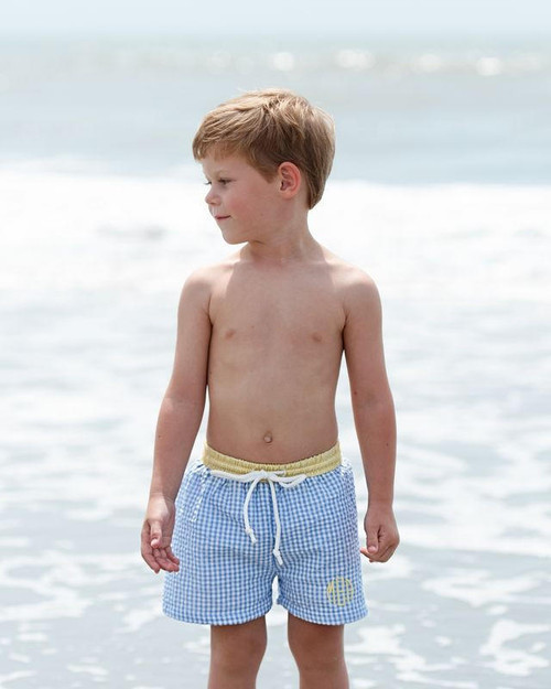 Blue And Yellow Gingham Swim Trunks | Cecil and Lou