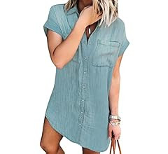 Zilcremo Women Denim Shirt Dresses Short Sleeve Distressed Jean Dress Button Down Casual Tunic To... | Amazon (US)