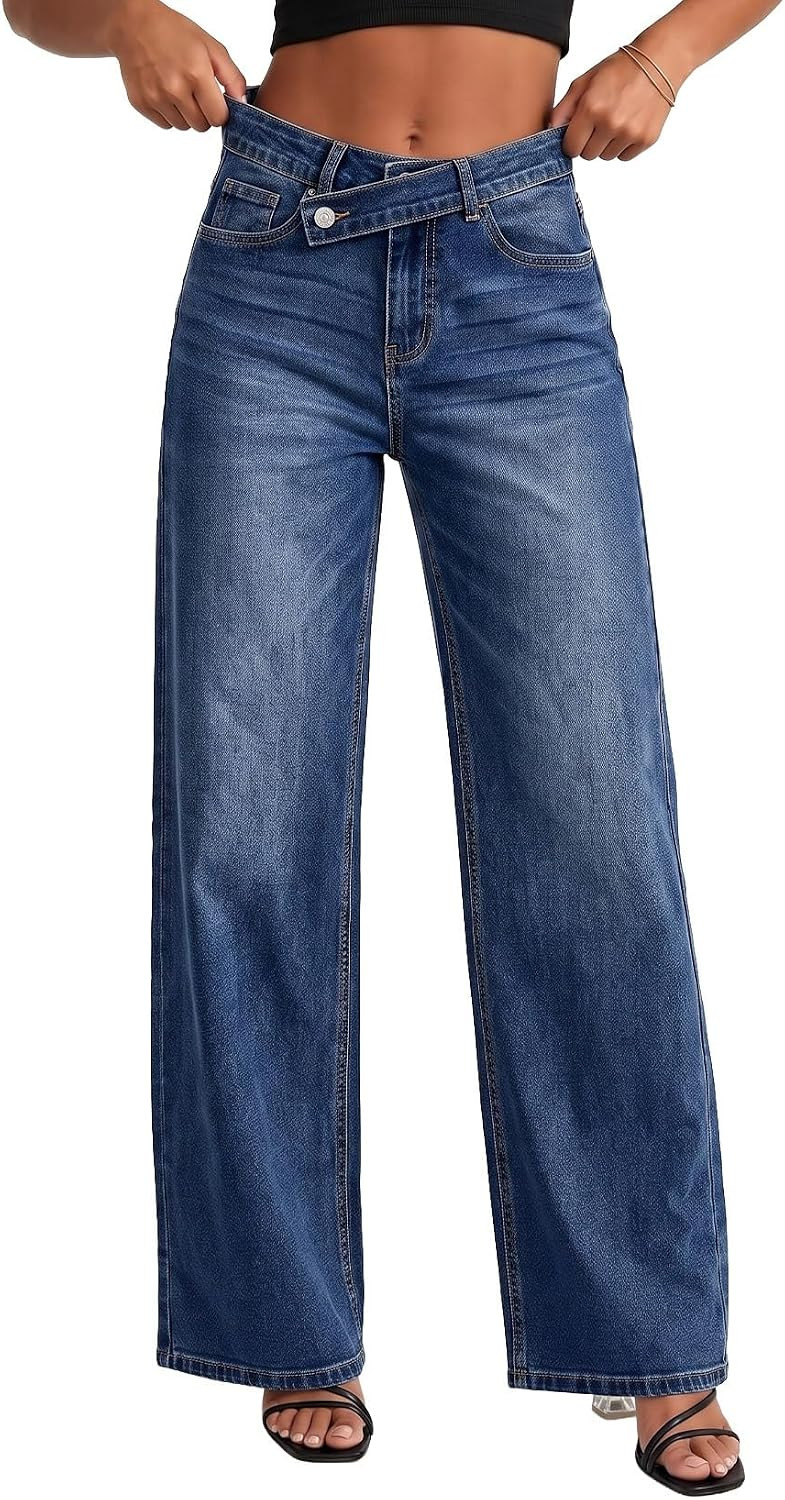 EVALESS Jeans for Women Trendy 2025 Overlap Waist Straight Wide Leg Stretchy Denim Pants | Amazon (US)