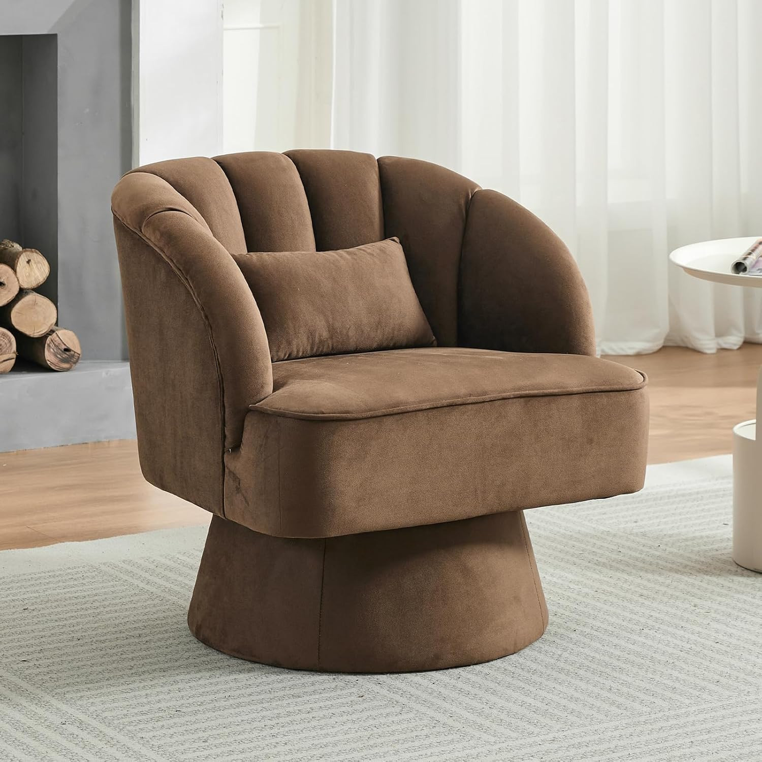 Qeetex Brown Velvet Lounge Chair with Striped Backrest and Upholstered Plush Padding for Living Room and Bedroom | PHK-347B7BQT-HNN | Lowe's