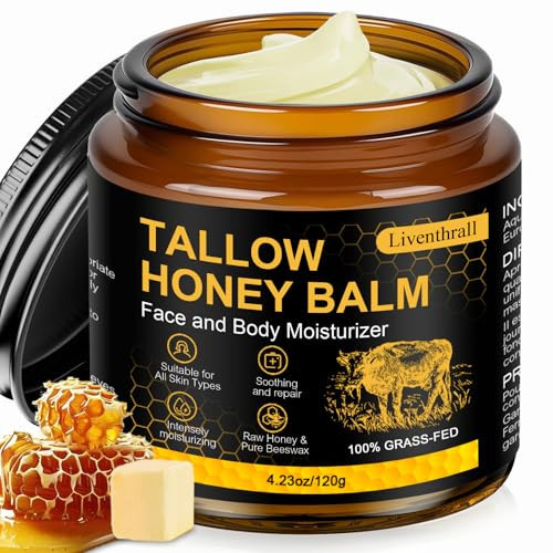 Organic Beef Tallow Honey Balm for Skin & Face, Whipped Beef Tallow Face Moisturizer with Raw Honey, Grass Fed Cow Beef Tallow Cream, All Natural Pure Body Lotion for Women & Men, Unscented 4.2 OZ | Amazon (US)