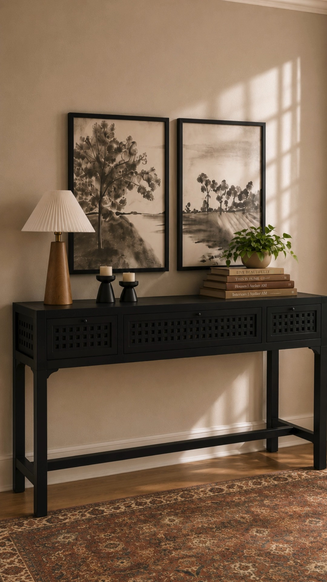 The little details are what make a room feel finished, and this styled console moment adds so much warmth and depth to the space. The layered artwork, soft lighting, dark wood tones, and collected styling create such a timeless look that feels elevated while still staying approachable and livable.

console table styling, entryway decor inspiration, warm neutral interiors, traditional home styling, layered artwork decor, cozy collected home, dark wood furniture styling, elegant console table decor, warm ambient lighting, timeless interior details, heritage inspired decor, cozy neutral home aesthetic, designer inspired styling, collected living spaces, classic home decor ideas, warm gathered interiors, elevated traditional decor, cozy entryway inspiration, layered home styling, timeless cozy interiors 

 #LTKHome #LTKSaleAlert