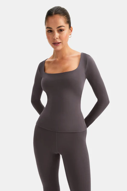 DAYFLEX BUILT-IN SUPPORT SCOOP NECK LONG SLEEVE TOP - COOL ESPRESSO | TALA (UK)