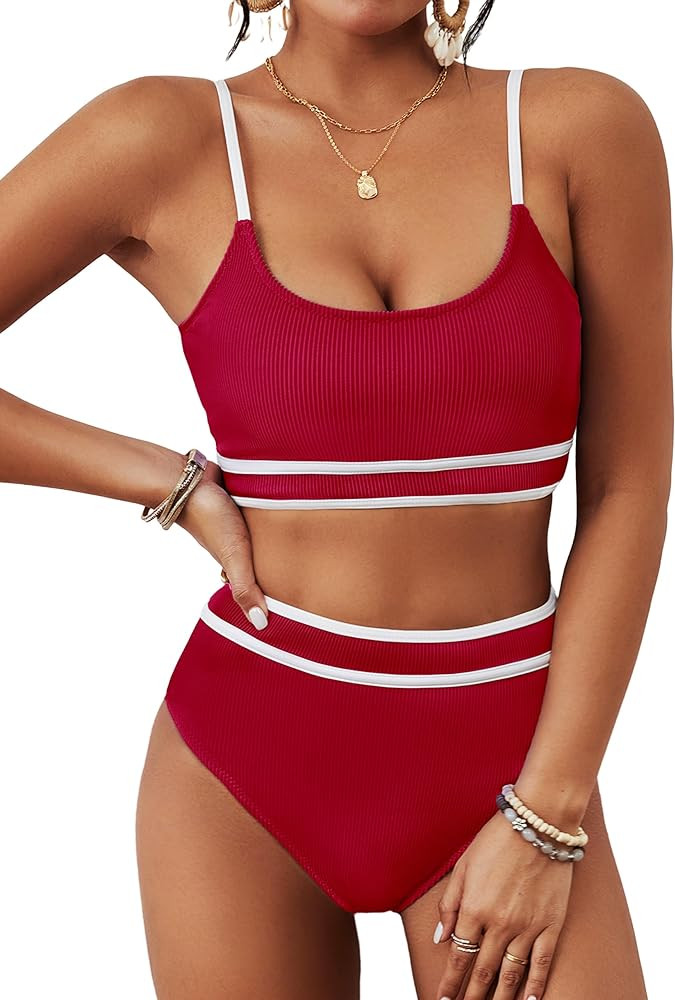 BMJL Women's High Waisted Bikini Ribbed Two Piece Swimsuit High Cut Color Block Adjustable Straps... | Amazon (US)