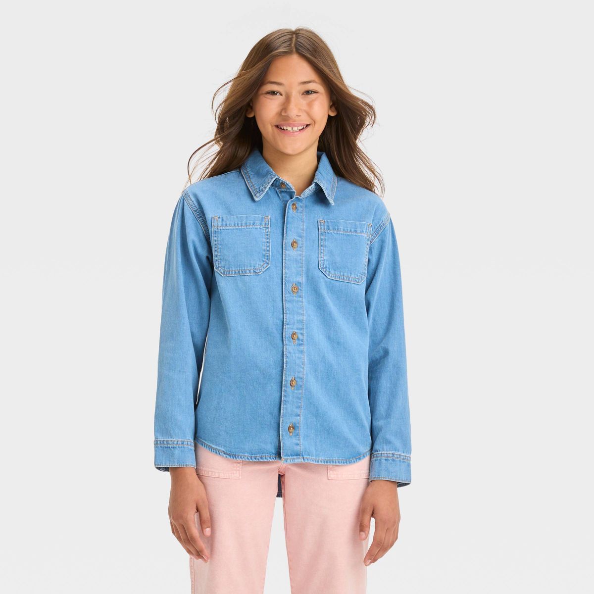 Girls' Long Sleeve Button-Down Denim Shirt - art class™ Light Indigo Blue | Target