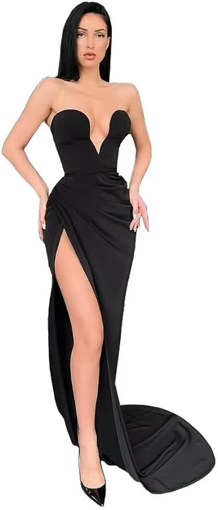 Sexy Deep V Neck Mermaid Prom Dresses 2024 Strapless Satin Pleated Bodycon Formal Evening Party G... | Amazon (US)