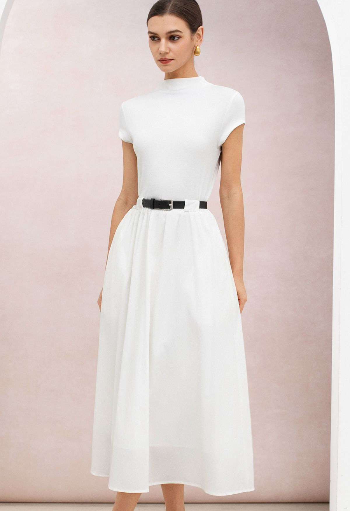 Mock Neck Side Pockets Belted Maxi Dress in White for City Sightseeing & Cafe Hopping | Chicwish