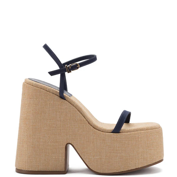 Wanda Platform Sandal In Navy Blue Satin and Raffia | Larroude