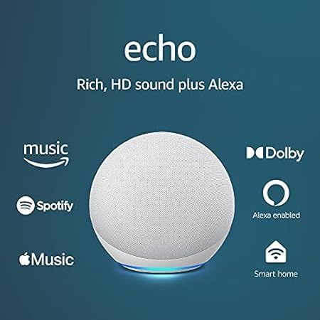Echo (4th Gen) | Spherical design with rich sound, smart home hub, and Alexa | Glacier White | Amazon (US)