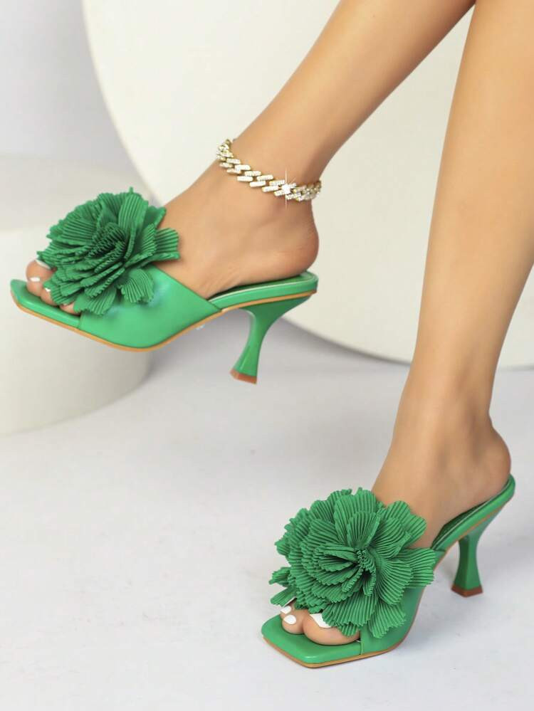 Women Flower Decor Pyramid Heeled Sandals, Fashion Green Mule Sandals | SHEIN