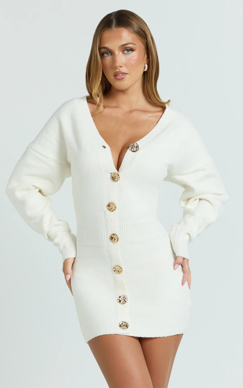Demelza Mini Dress - Knit Button Down Blouson Cardigan Mini Dress in Cream | Showpo (US, UK & Europe)