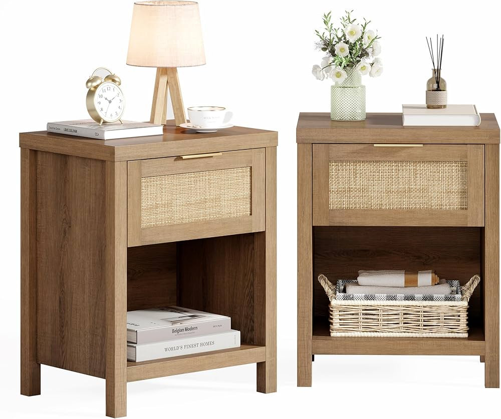 Rattan Nightstand Set 2: Boho End Table with Drawer and Storage Shelf, Farmhouse Cane Accent Beds... | Amazon (US)