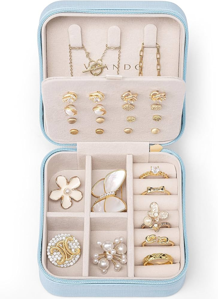 Vlando Travel Jewelry Case, Small Travel Jewelry Organizer Box for Girls Women - Blue | Amazon (US)