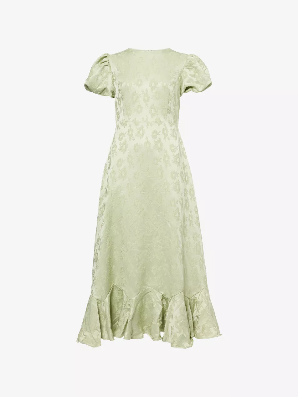 Floral Puffed-Sleeves Stretch-Woven Midi Dress | Selfridges