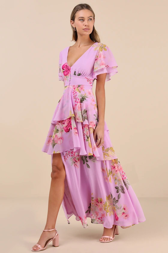 Midnight Mood Lilac Floral Print Tiered Maxi Dress | Lulus