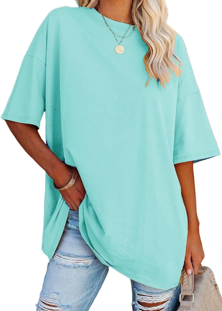 YEXIPO Women's Oversized T Shirts Summer Short Sleeve Loose Fit Casual Crewneck Plain Tunic Tops | Amazon (US)