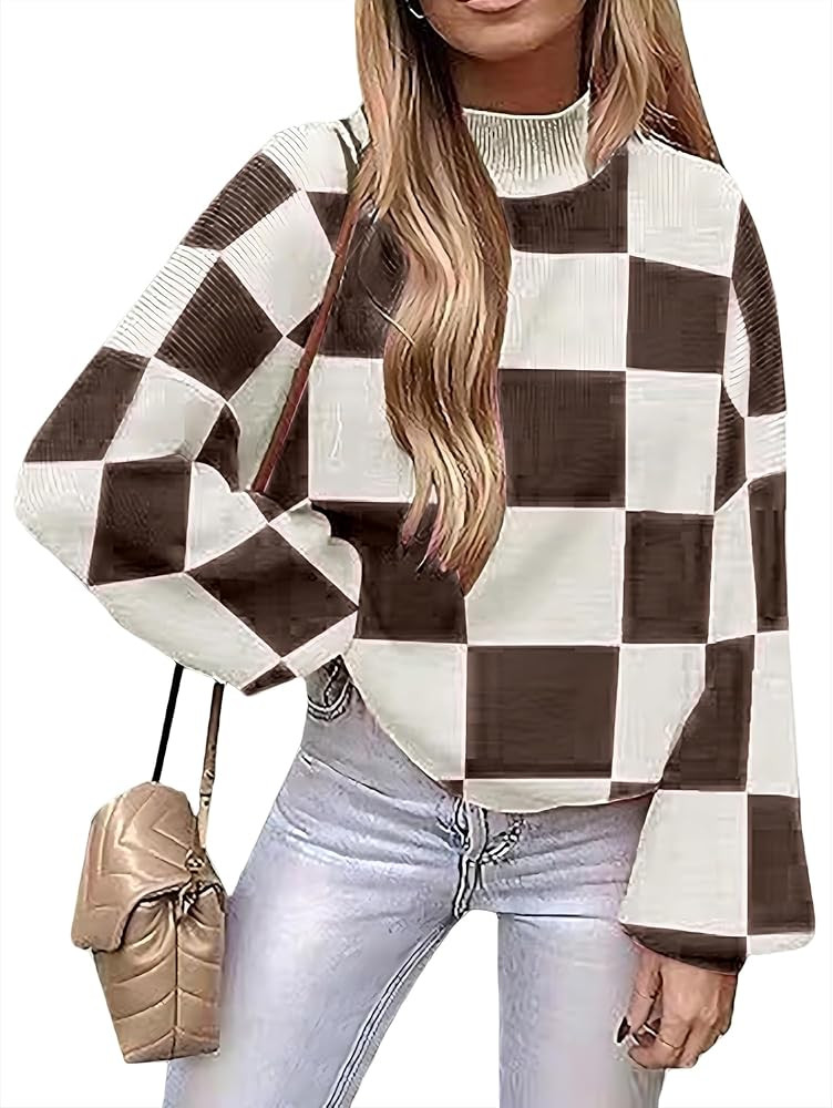 Womens Oversized Cute Checkered Sweater Fall 2025 Trendy Preppy Chunky Knit Mock Neck Long Sleeve... | Amazon (US)