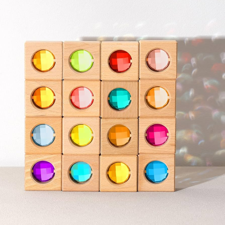 16 Pcs Acrylic Wooden Gem Blocks Sparkling Translucent Cubes Stacking Toys Wooden Cubes Blocks wi... | Amazon (US)