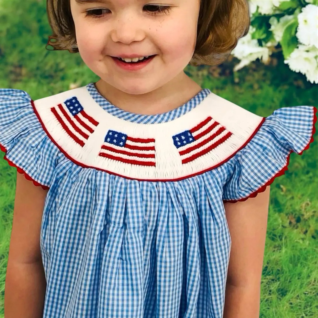 Flag Smocked Dress in Light Blue Gingham - Bishop, American Flag, 4th of July, Memorial Day, Army... | Etsy (Global)