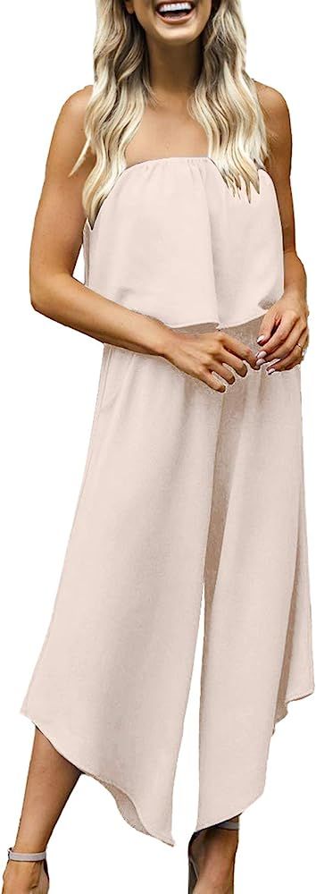 Women’s Casual Ruffle Off Shoulder Jumpsuits Solid Color Strapless Wide Legs Rompers with Pocke... | Amazon (US)