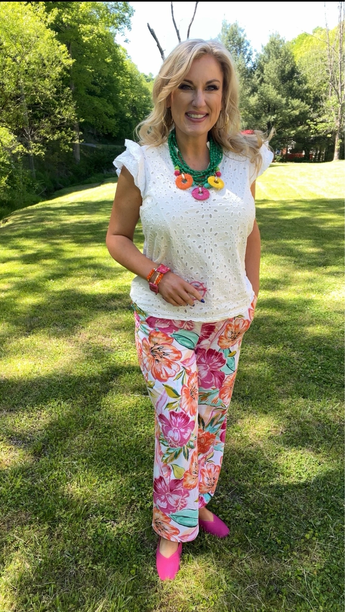 I’m wearing a large in the white eyelet top and a medium in the pull on pants

#LTKOver40 #LTKWorkwear #LTKMidsize
