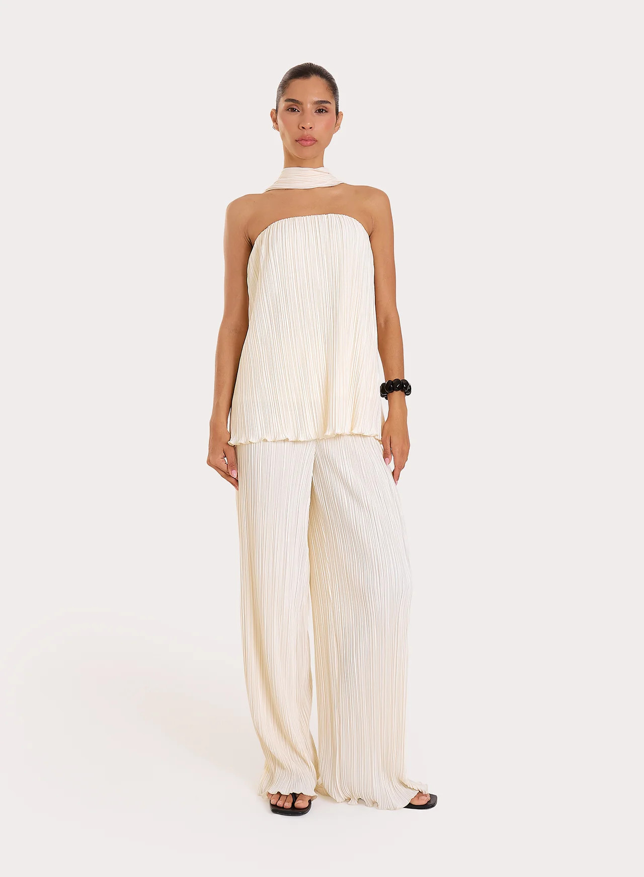 Women's Cream Elasticated Waist Wide Leg Plisse Trousers | Becca | 4th & Reckless | 4th & Reckless