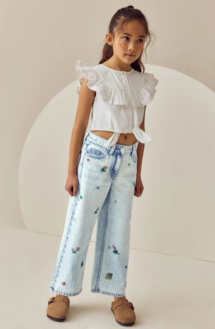 NEXT Kids' Floral Embroidered Distressed Wide Leg Jeans | Nordstrom | Nordstrom