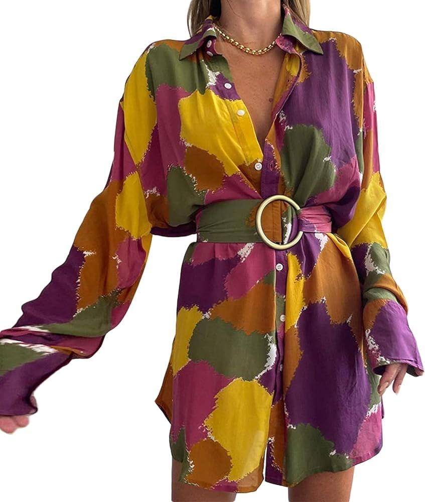 Alyweatry Women Y2k Bodycon Mini Dress Vintage Boho Print Lapel Long/Short Sleeve Shirt Mini Dres... | Amazon (US)