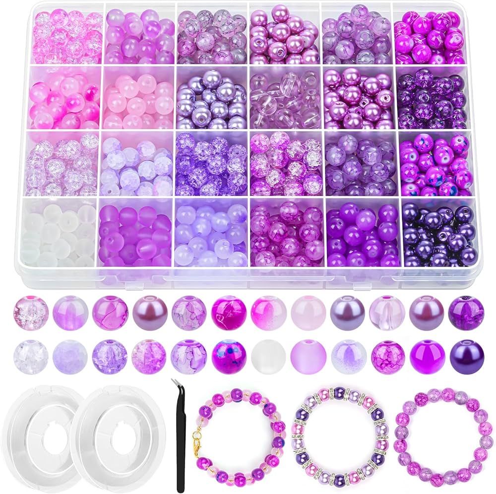 720pcs Glass Beads for Jewelry Making 8mm, 24 Colors Bead Bracelet Making Kit Purple Round Loose ... | Amazon (US)