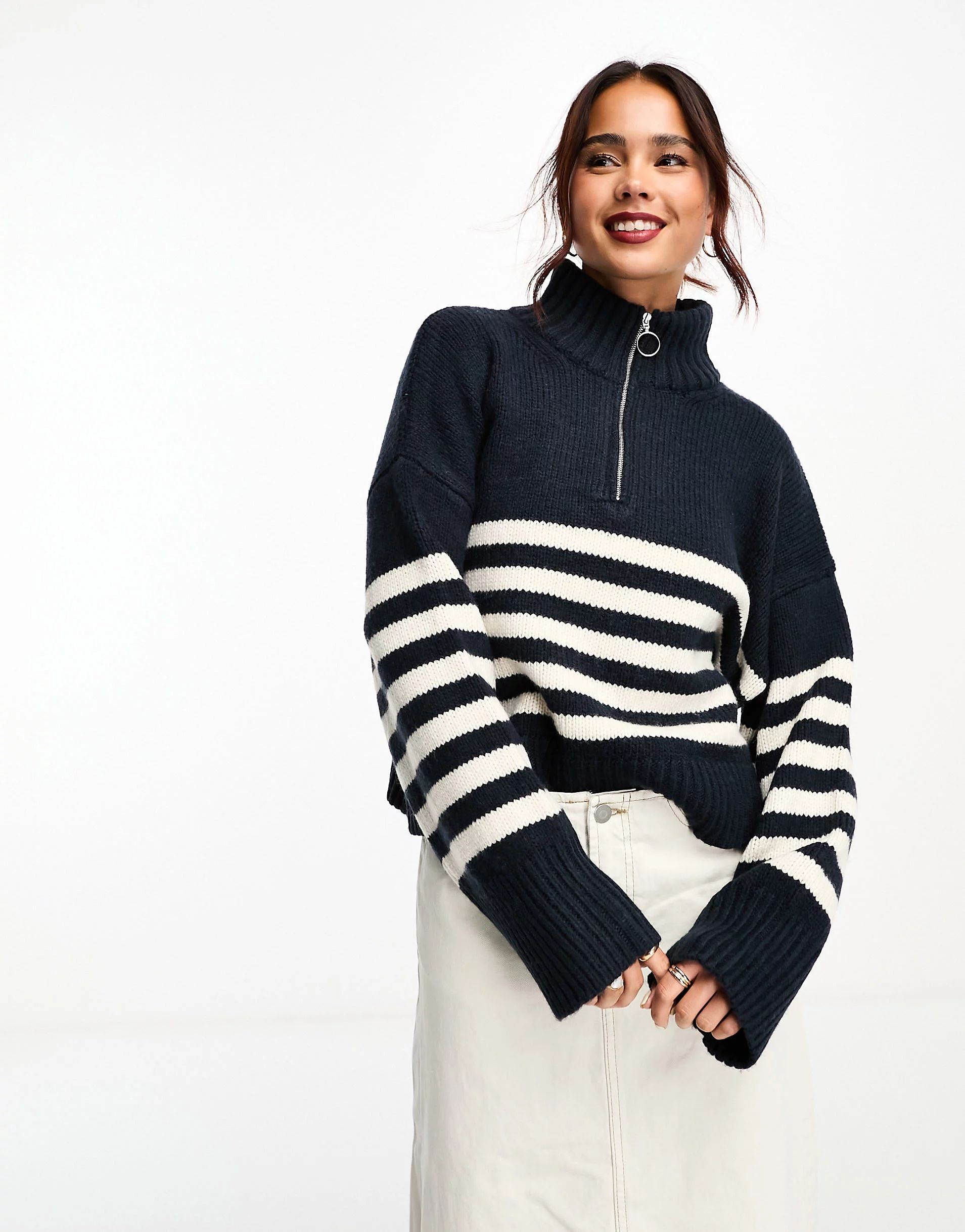 ASOS DESIGN relaxed sweater with zip collar in stripe | ASOS (Global)
