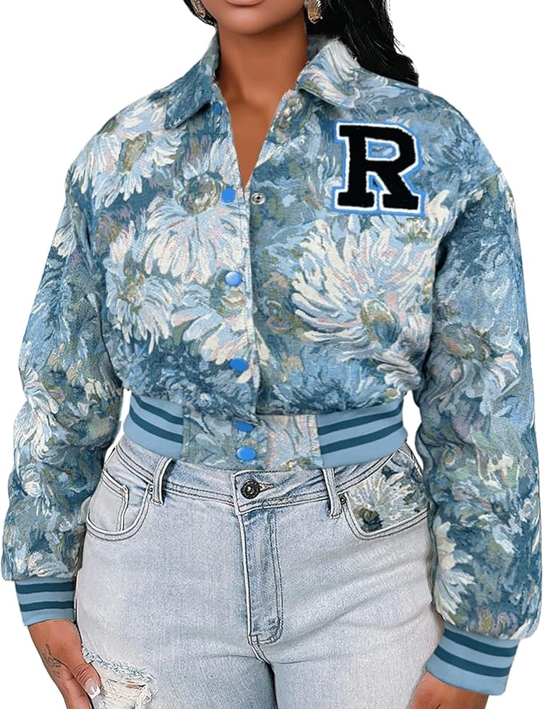 KANSOON Varsity Jacket Women Bomber Textured Floral Cropped Jackets Letterman Snap Buttons Long S... | Amazon (US)