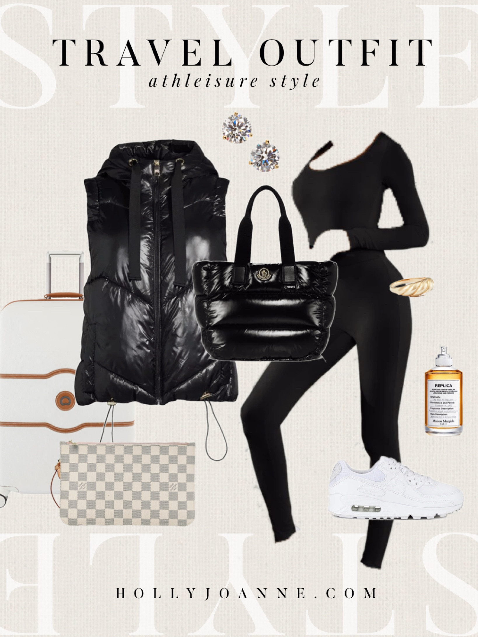 AIRPORT TRAVEL OUTFIT 
BODYSUIT/LEGGINGS: S (code HollyJoAnneW for 15% off)
PUFFER VEST: XS
Nike Sneakers: TTS
DELSEY Suitcase Luggage: 28” Large
Replica By The Fireplace Perfume
Mejuri Gold Croissant Ring

- Athleisure Neutral Style, Black and White, Holiday/Thanksgiving Travel Look, Fall Winter Outfit Inspo, Chic Cold Weather Look #HollyJoAnneW

#LTKHoliday #LTKstyletip #LTKtravel