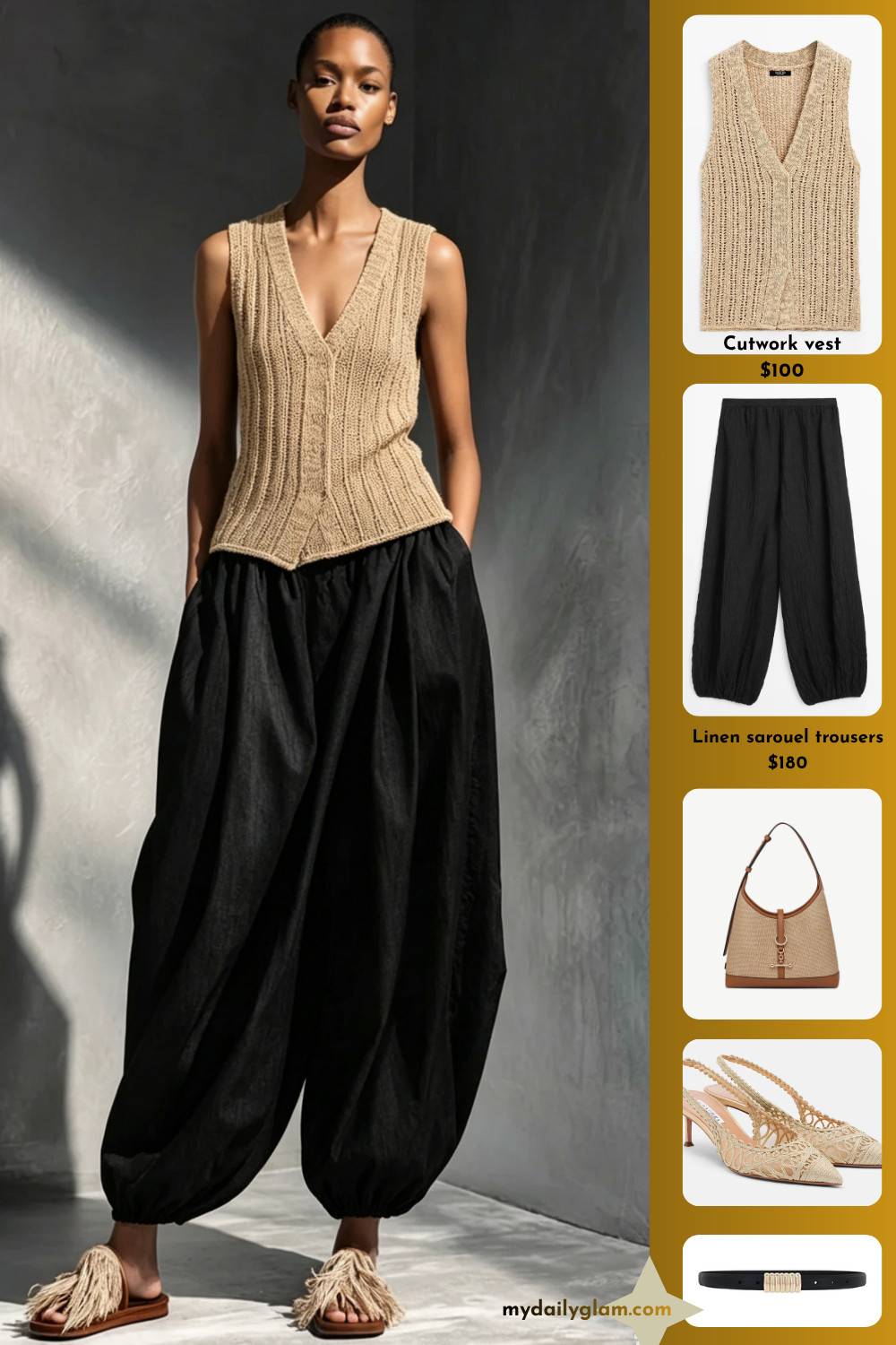 Beige Cutwork Knit Vest & Black Linen Sarouel Pants Quiet Luxury Neutral Workwear Outfit

#QuietLuxuryStyle #LinenSarouelPants #NeutralWorkwear
 

 #LTKootd #LTKOver40 #LTKWorkwear
