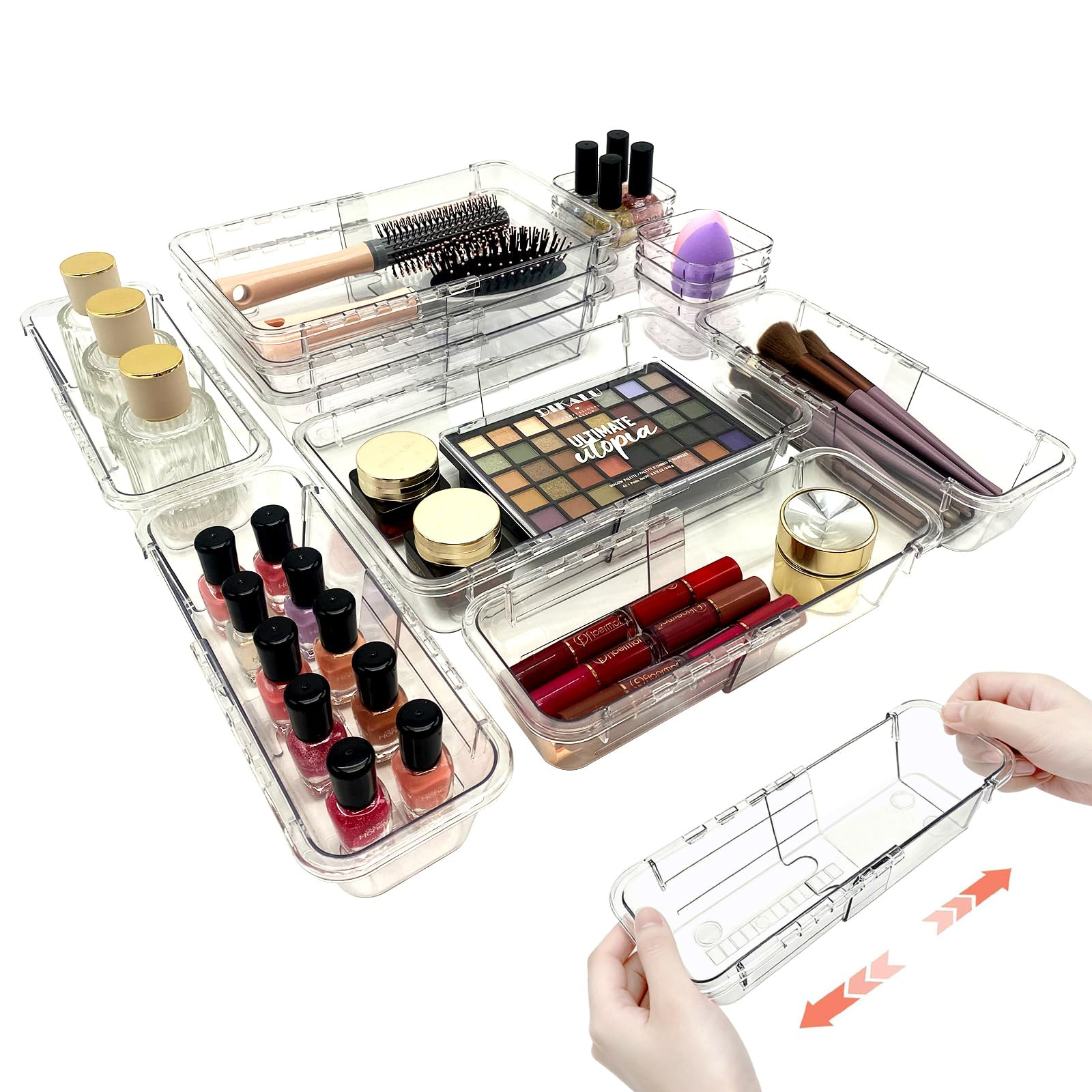 14 PCS Adjustable Clear Drawer Organizer Set - 3-Size Acrylic Storage Boxes for Makeup, Stationer... | Amazon (US)