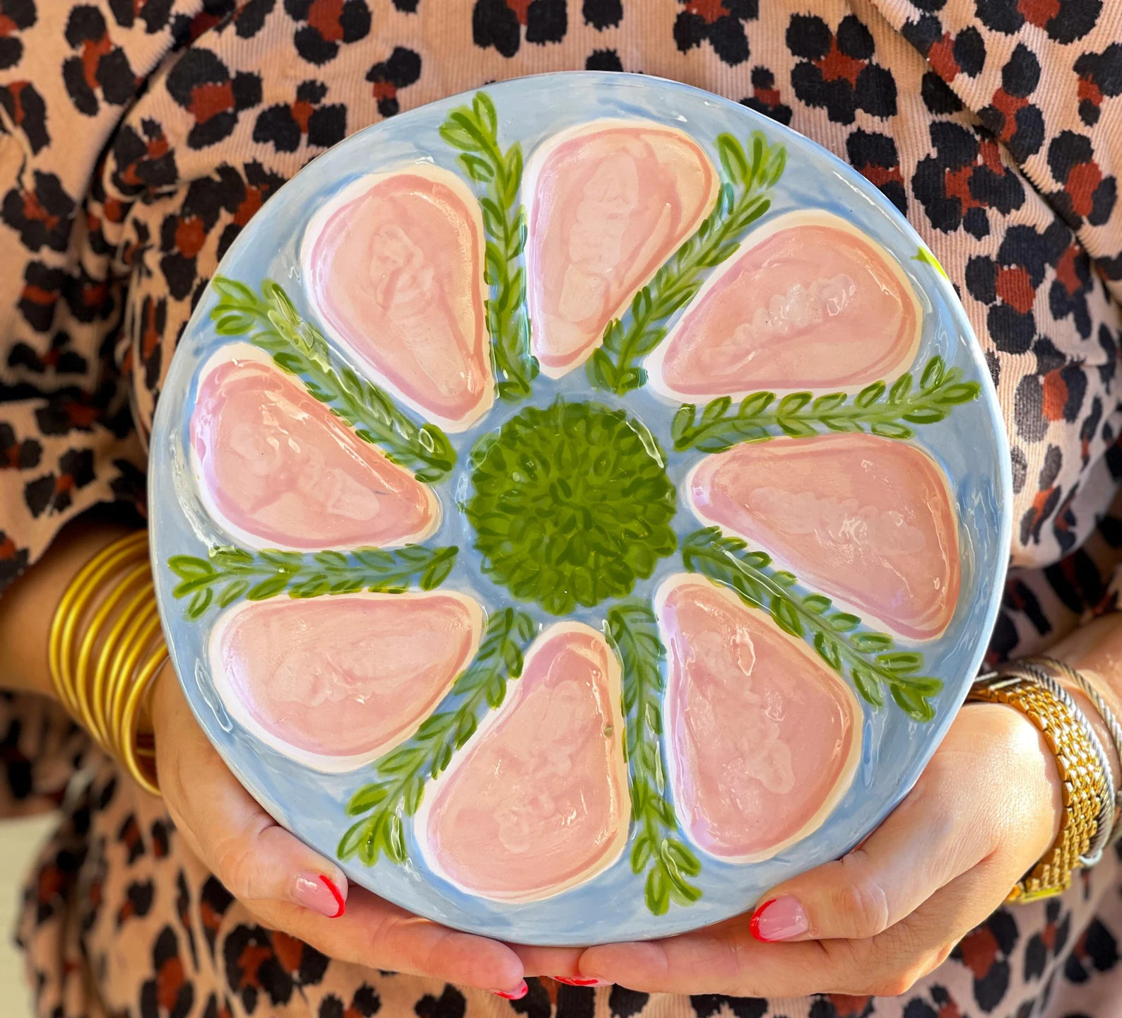 Hand Built Oyster Plate 9" in Blue and Pink with Green Seaweed | Etsy (Global)