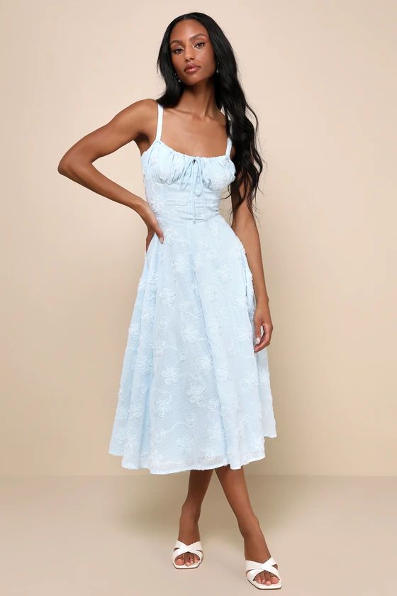 Darling Confidence Light Blue Rosette Bustier Lace-Up Midi Dress | Lulus