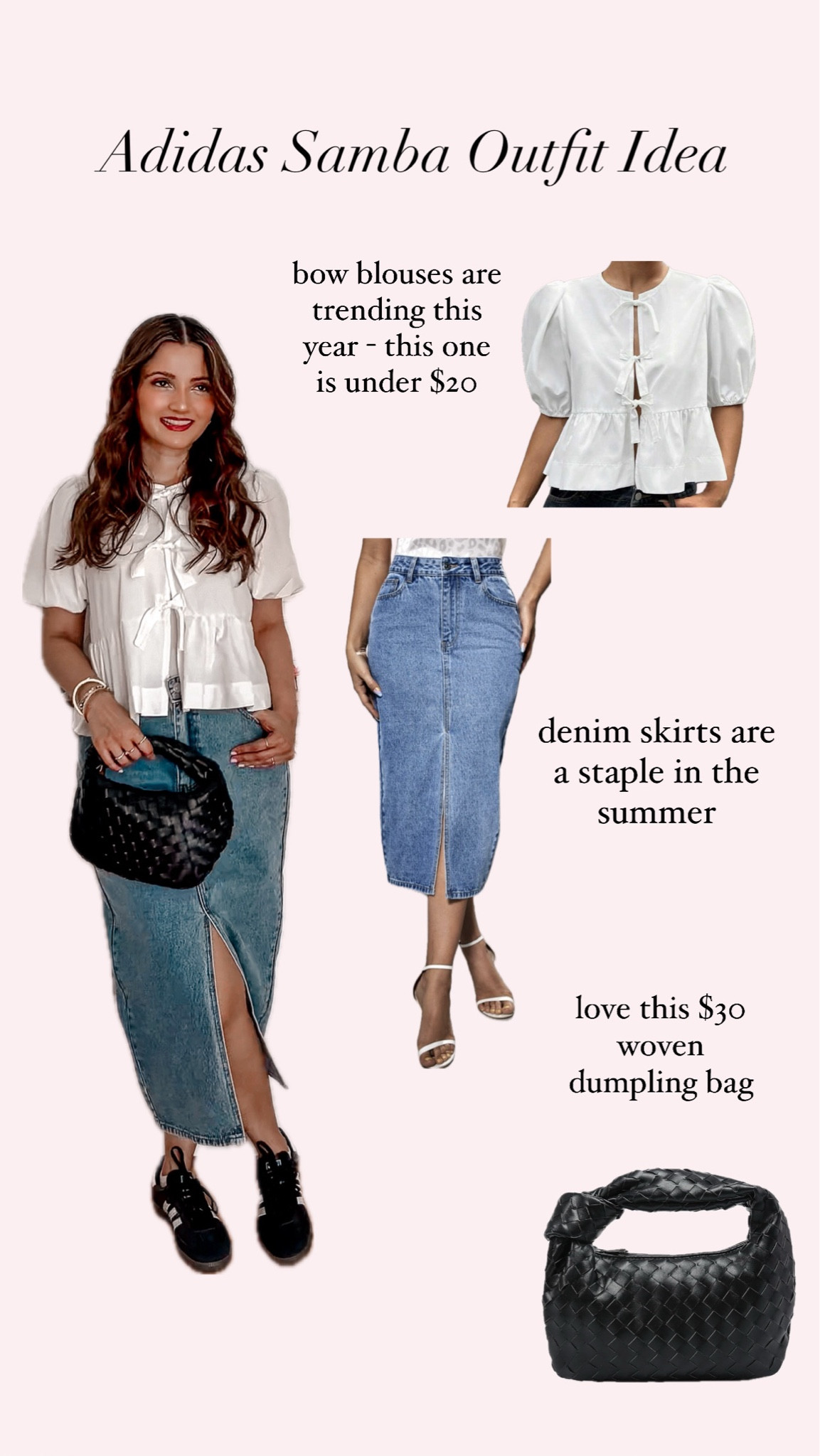 Bow blouse denim midi skirt woven bag adidas sambas outfit 

#LTKcanada #LTKstyletip #LTKsummer