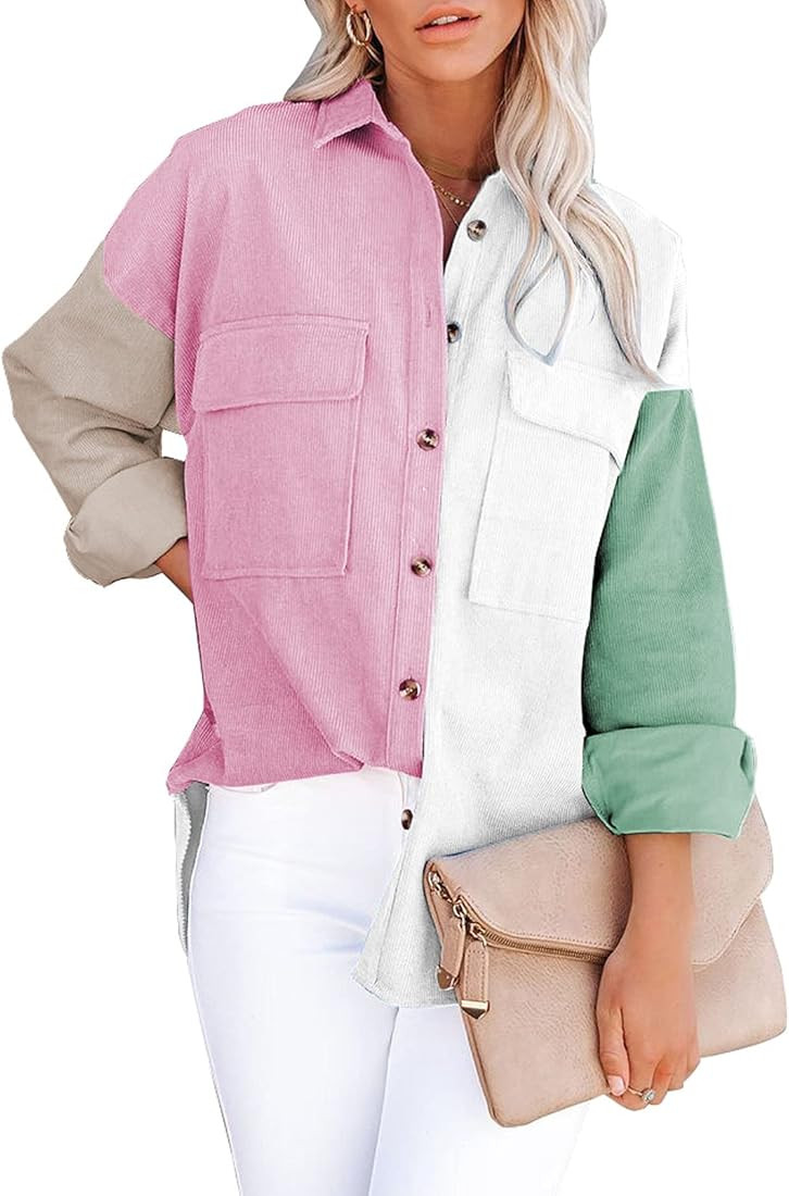 Dokotoo Womens Corduroy Button Down Shirts Boyfriend Long Sleeve Oversized Blouses Tops | Amazon (US)