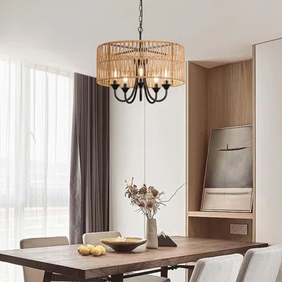 Boho Farmhouse Chandelier With Hand-Woven Rattan Shade - 5-Light Adjustable Height Pendant Fixture For Dining Room, Kitchen Island & Living Room | Wayfair North America