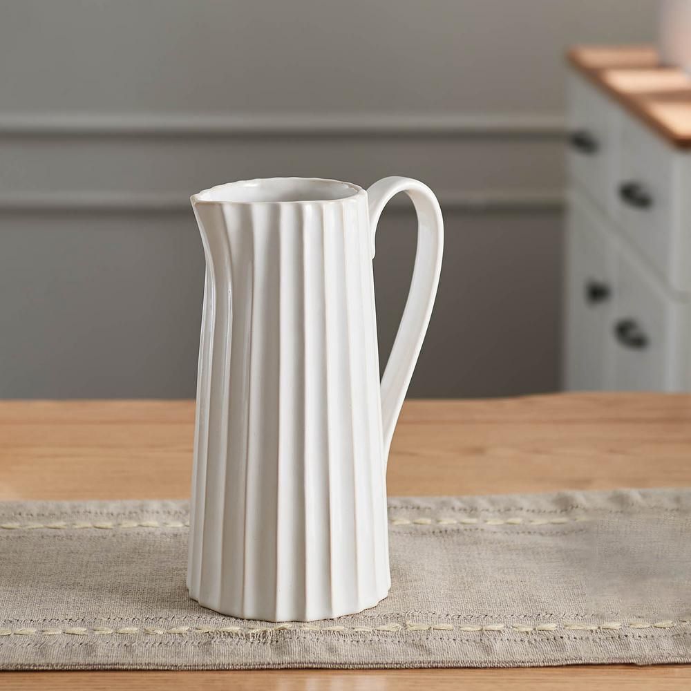 Fluted Flair White Ceramic Decorative Pitcher Vase | The Home Depot