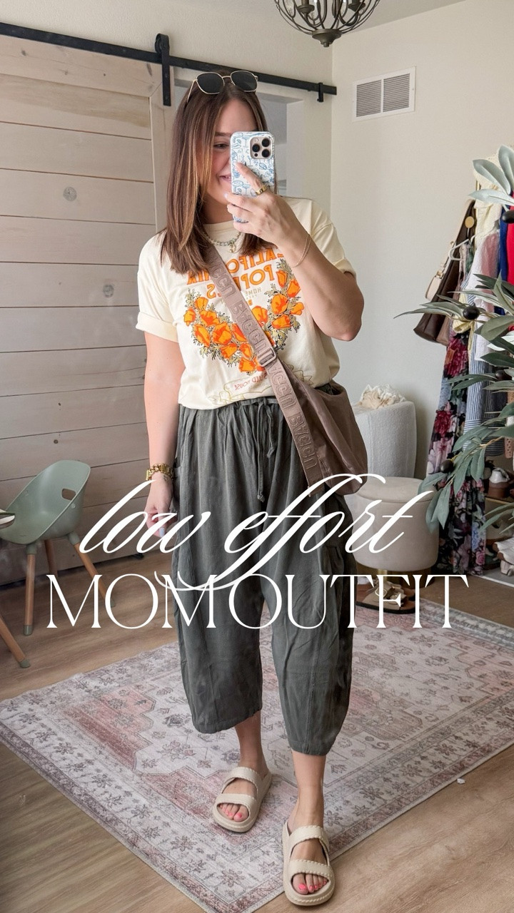 Low effort mom outfit // love a graphic tee paired with comfy soft tummy approved pants! Wore these pregnant and postpartum and have them in multiple colors // wearing size large in top and bottoms

#LTKootd #LTKmomlife #LTKMidsize
