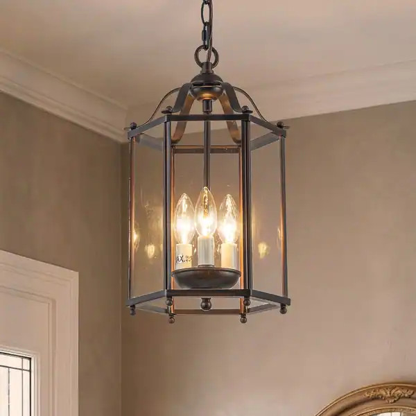 Vintage Bronze Lantern Pendant Light 3-Light Farmhouse Chandelier with Clear Glass Shade 10‘’... | Bed Bath & Beyond
