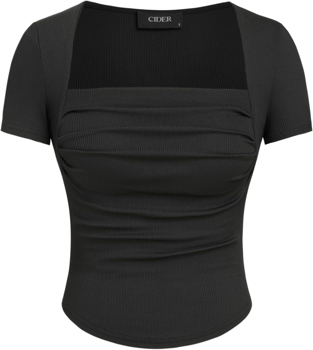 CIDER Square Neck Tops for Women Ruched Short Sleeve Slim Fitted Tee Basic T Shirt Square Neck Going Out Tops | Amazon (US)
