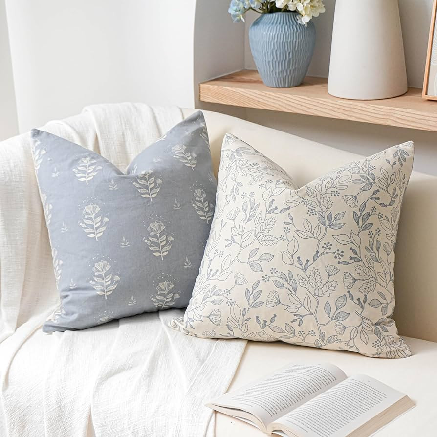 Floral Decorative Throw Pillow Cover 18x18 Set of 2, Farmhouse Coastal Blue Cotton Accent Throw P... | Amazon (US)