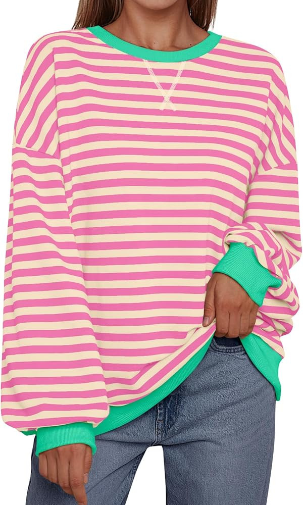 Trendy Queen Oversized Sweatshirt for Women 2024 Fall Crewneck Striped Long Sleeve Shirts Hoodies... | Amazon (US)
