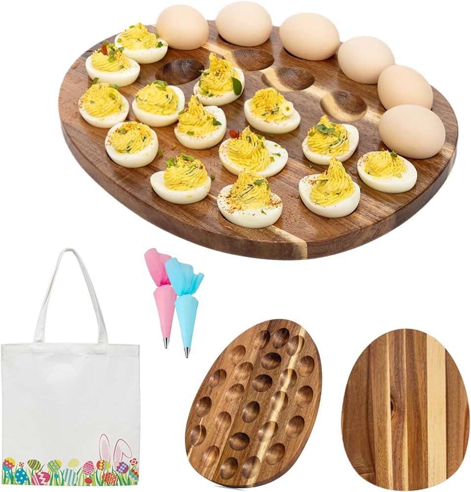 Wood Deviled Egg Platter 24 Egg Slots, Reversible Charcuterie Board Set, Deviled Egg Tray for Eas... | Amazon (US)
