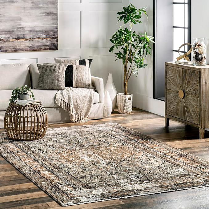 nuLOOM Charvi Distressed Medallion Fringe Area Rug - 10x14 Area Rug Vintage Beige/Ivory Rugs for ... | Amazon (US)